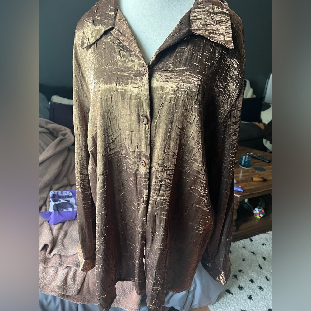Gold Metallic Button-Up Blouse